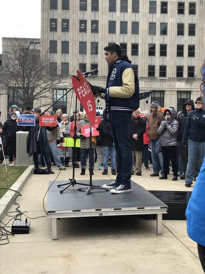 Senior+Ritvik+Bonam+speaks+at+the+Allen+County+Courthouse+on+February+25+as+part+of+the+Students+Demand+Action+rally+in+response+to+the+shootings+in+Parkland%2C+Fla.+Photo+by+Nol+Beckley