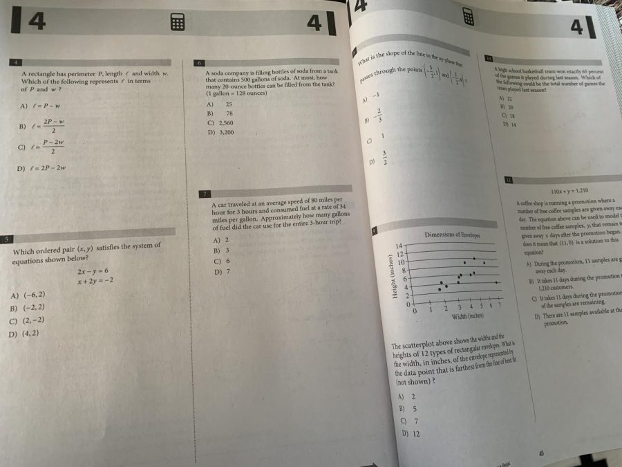 Pages of the PSAT prep book handed out to students weeks before the practice exam