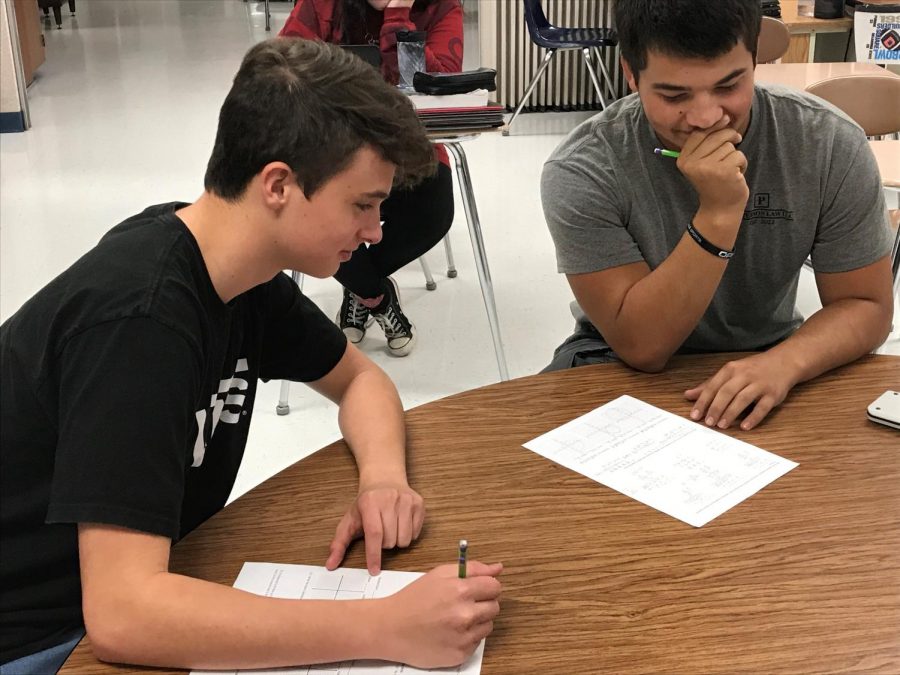 Two students at the same table portray the act of cheating. Cheating can become a simpler way to get decent grades, but damages the learning process. 