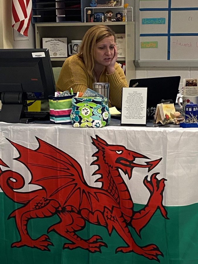 AP Government and Economics teacher  Christine Binns meets remotely with the rest of the Social Studies Department on March 20. Mrs. Binns was one of several teachers who came into school to teach her remote lessons. 