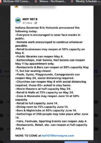 The list shows days for when businesses can resume normal openings and operation.