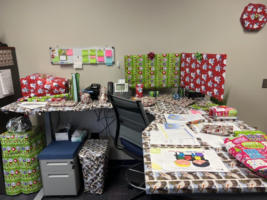 Hoffmans entirely gift-wrapped office. Photo by Natalie Hoffman, circa Thanksgiving 2022.