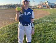 Freshman Pitcher Taylor Danley poses with her first Home Run Ball. 
Her homer was the only one of the night in a 23-1 victory for Carroll over Warsaw. 